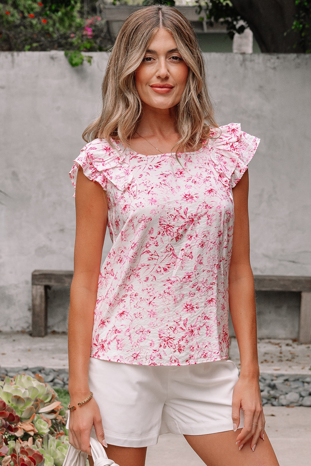 Pink Floral Ruffled Short Sleeve Bow Back Square Neck Blouse Love Salve