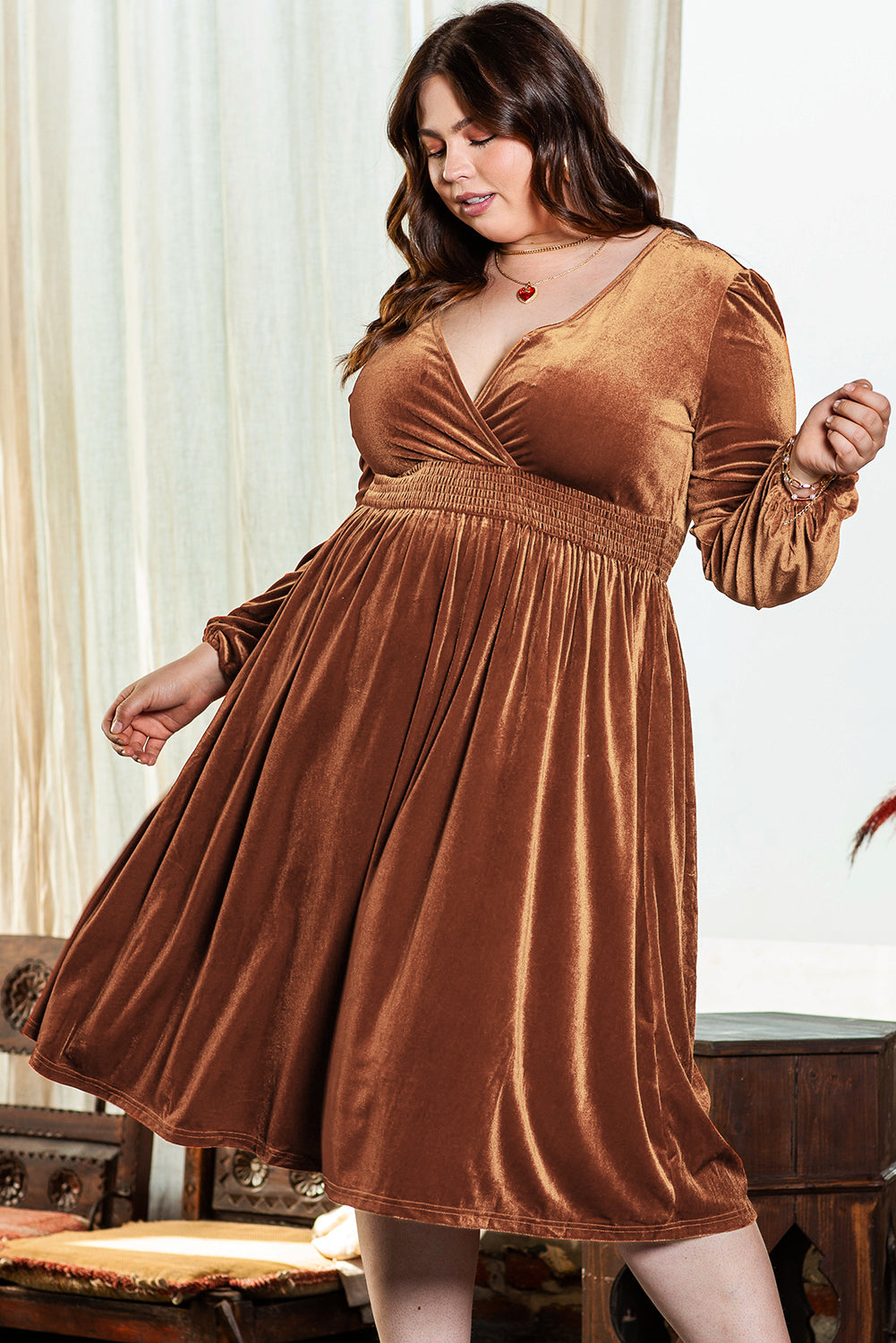 Chic camel velvet midi dress