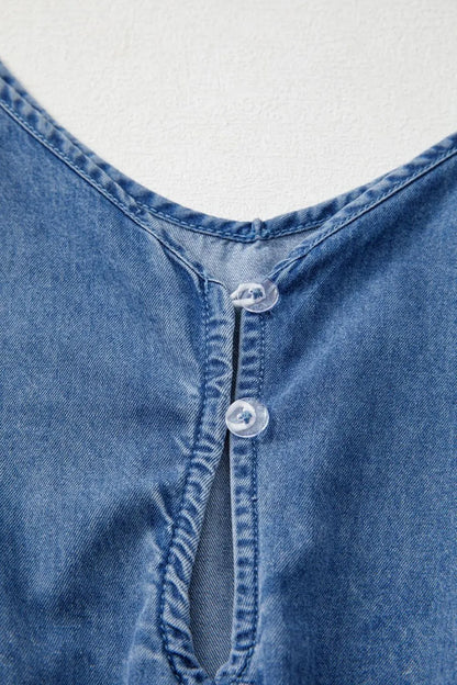 Spaghetti Straps V Neck Belted Ruffled Leg Chambray Romper