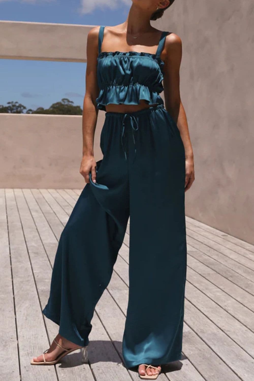 Ruffled Sleeveless Top and Wide Leg Pants Set.