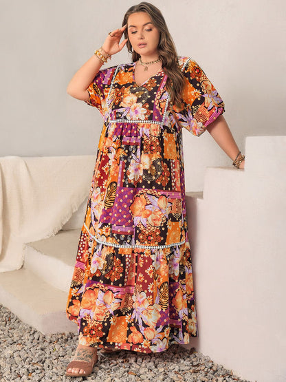 Plus Size Printed V-Neck Half Sleeve Maxi Dress.