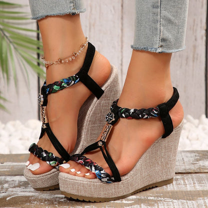 Braided Strap Wedge Sandals.