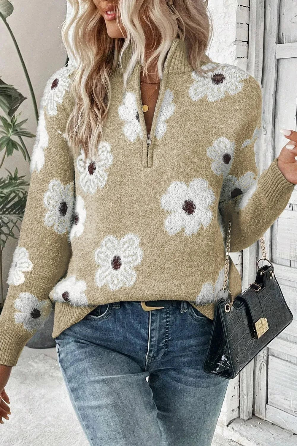 Flower Half Zip Long Sleeve SweaterFeatures: Basic style
Stretch: Slightly stretchy
Material composition: 42% acrylic, 30% polyester, 28% polyamide
Care instructions: Machine wash cold. Tumble dry lowLove Salve Flower Half Zip Long Sleeve Sweaterknit tops