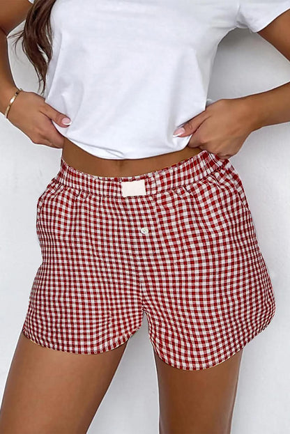 Red plaid gingham high waist shorts with elasticated waistband.