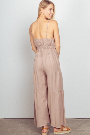 VERY J Sleeveless Ruched Wide Leg Jumpsuit.