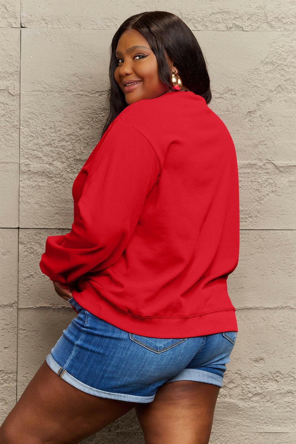 Simply Love Full Size SANTA'S FAVORITE Round Neck Sweatshirt.