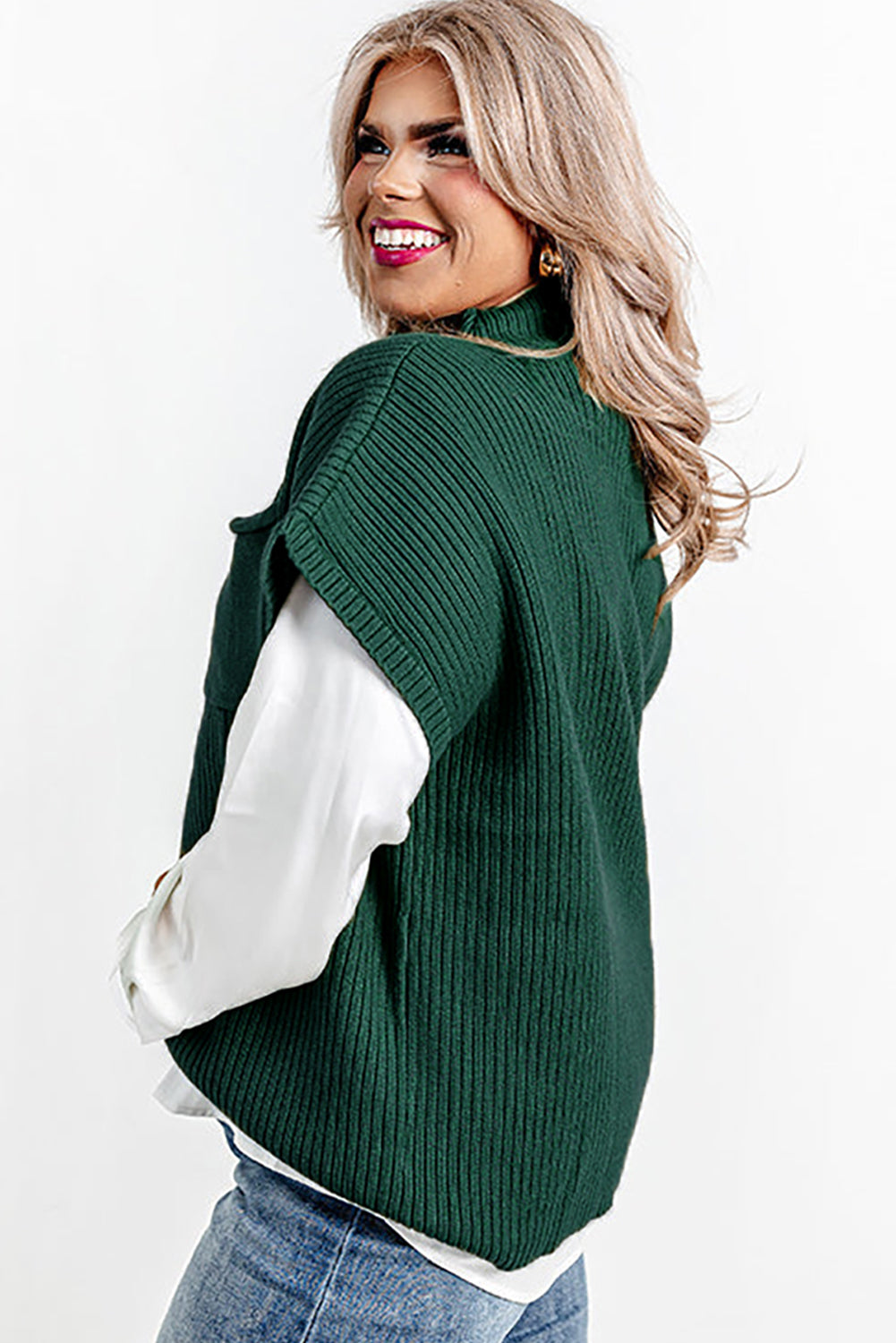 Cozy jungle green plus size mock neck sweater with chest pocket