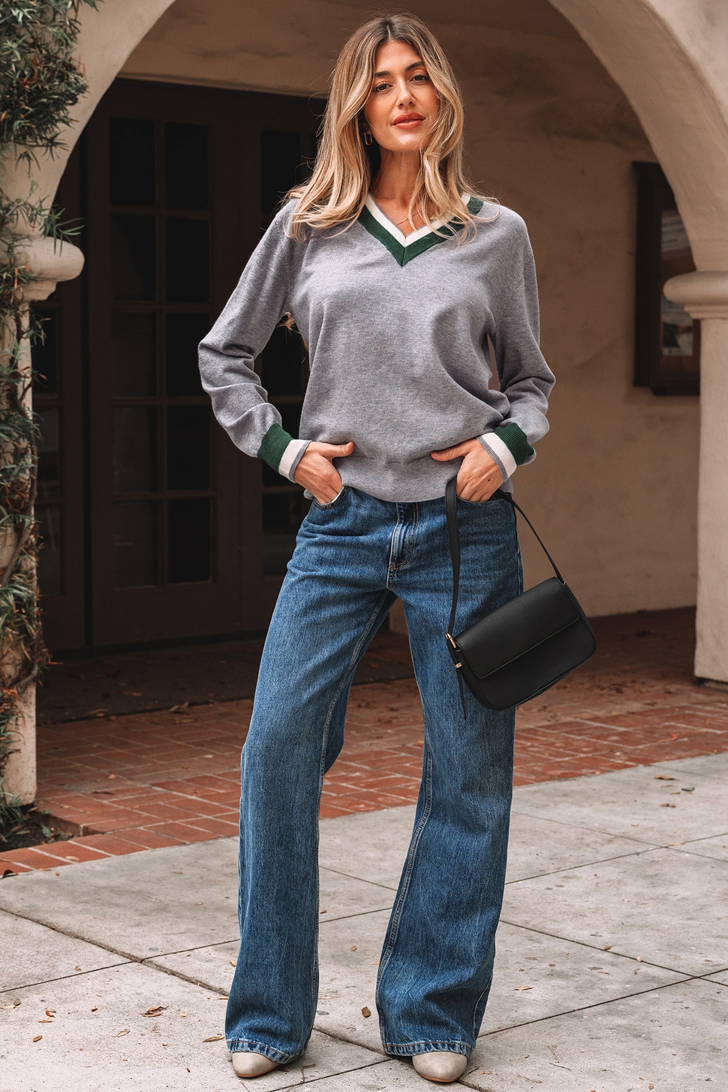 Dear-Lover Gray Striped Trim Unisex Casual Knit Sweater Lightweight Fall Top Dear-Lover Dropshipping