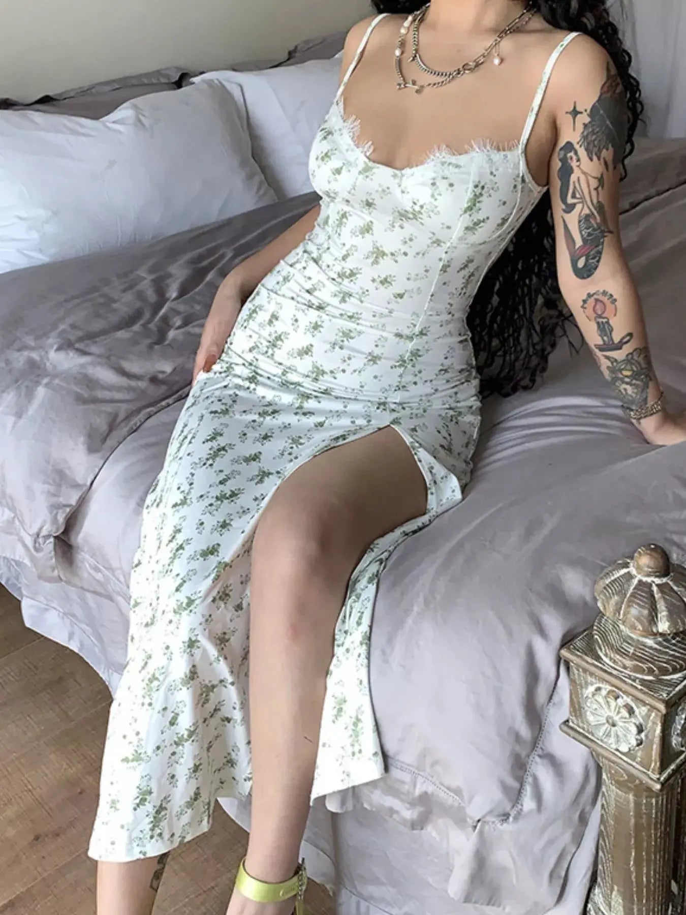 Floral Print Lace Trim Slit Midi Dress Simply Love