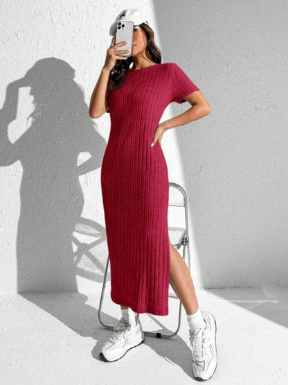 Slit Round Neck Short Sleeve Sweater Dress.