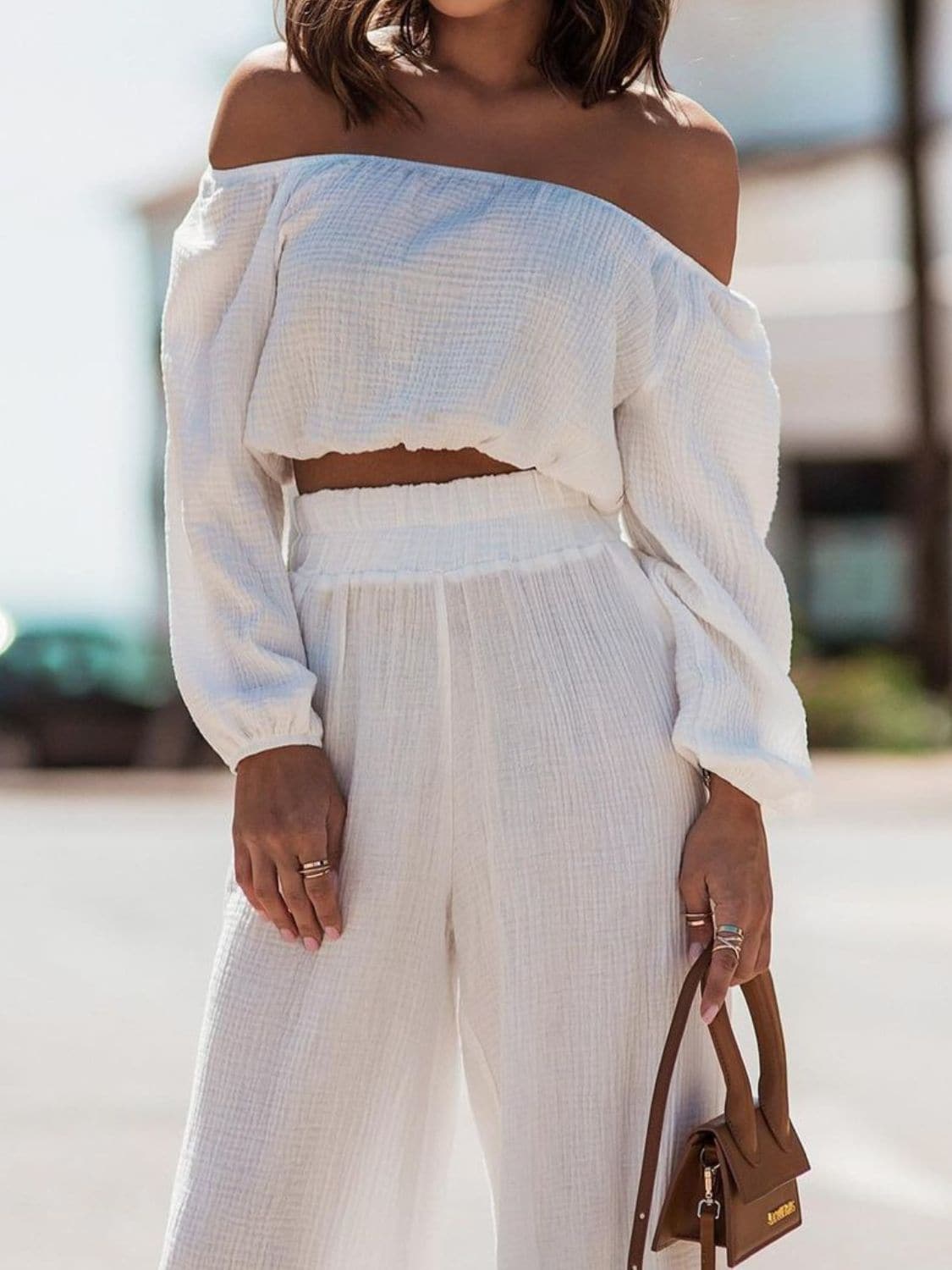 Off Shoulder Long Sleeve Top and Pants Set.