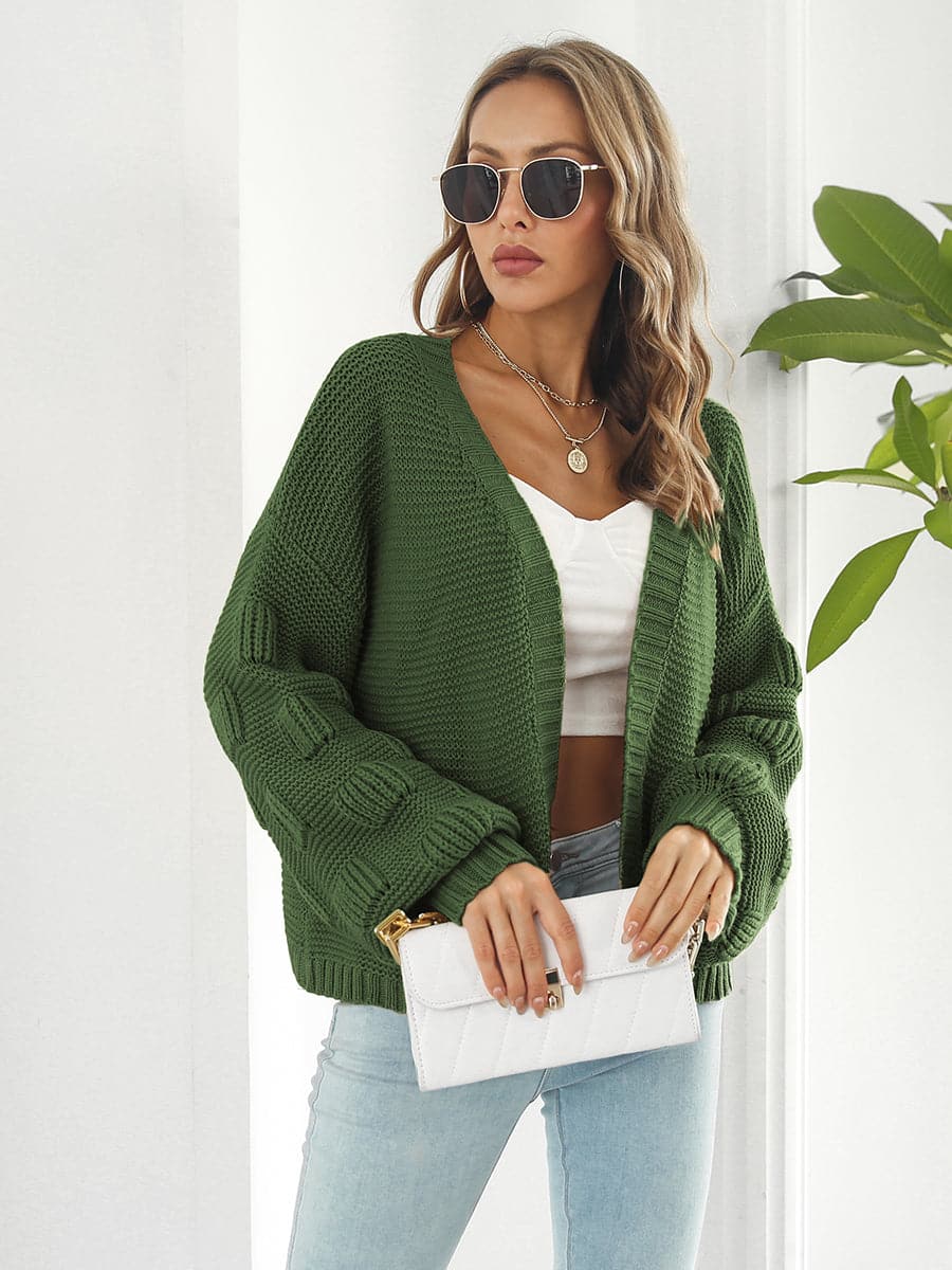 Open Front Ribbed Trim Cardigan.