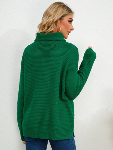 Slit Turtleneck Dropped Shoulder Sweater.