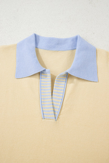Sky Blue Stripe Color Block Knit Polo Collar Sweater
