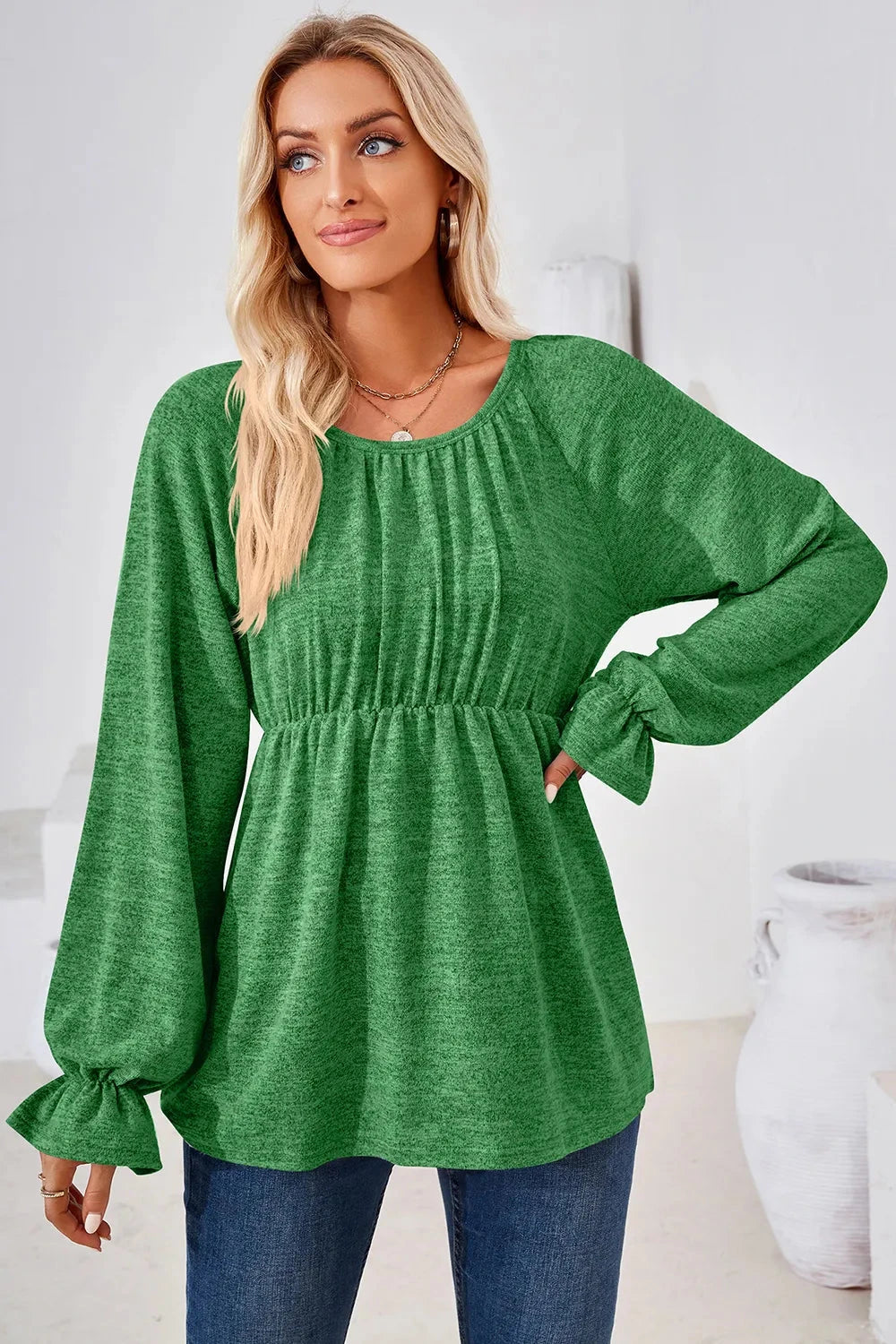 Ruched Round Neck Flounce Sleeve Blouse Coco’s Tee Boutique
