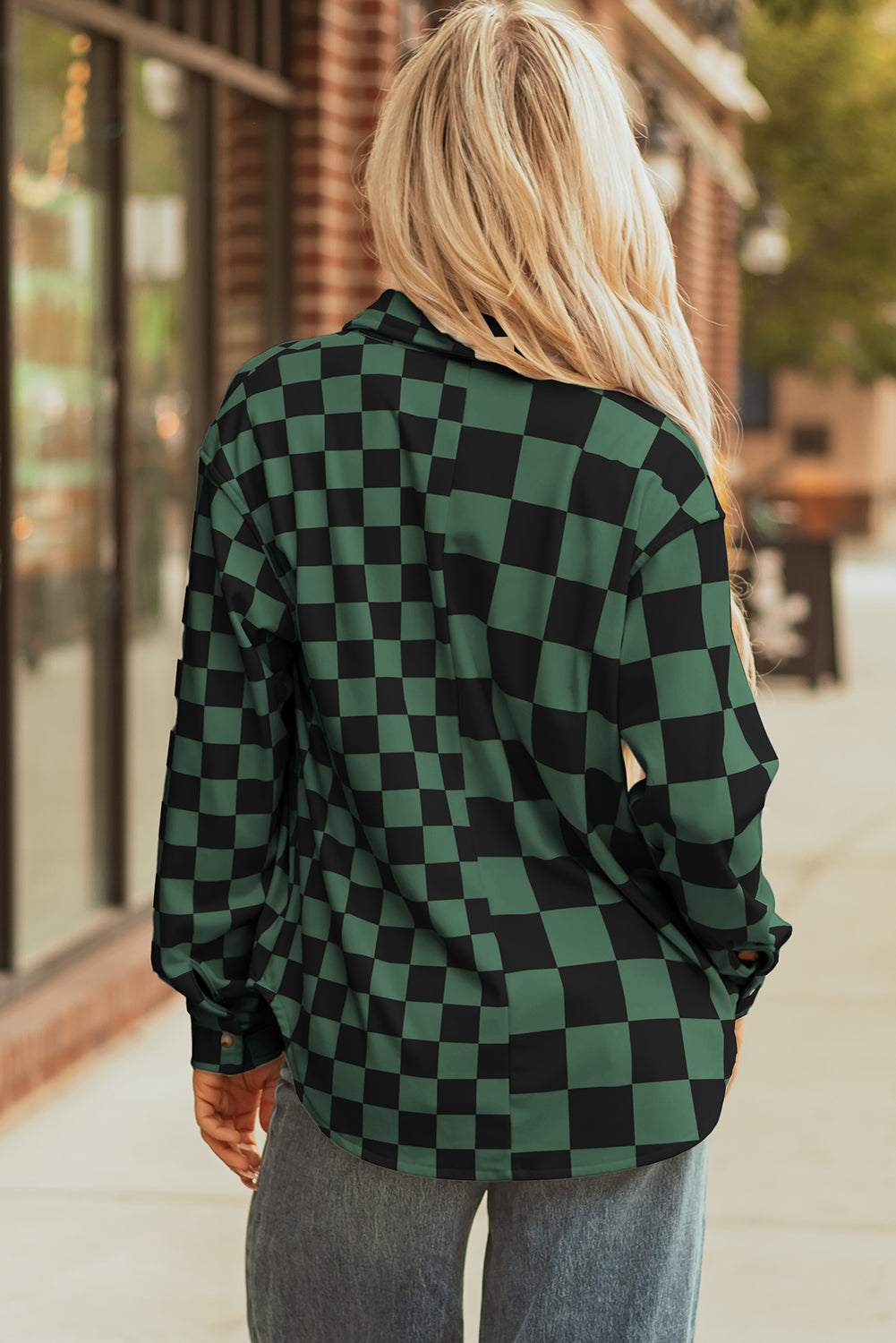 Green Checkerboard Shacket With Flap Pocket And Button Front Closure For Casual Outerwear Dear-Lover Dropshipping