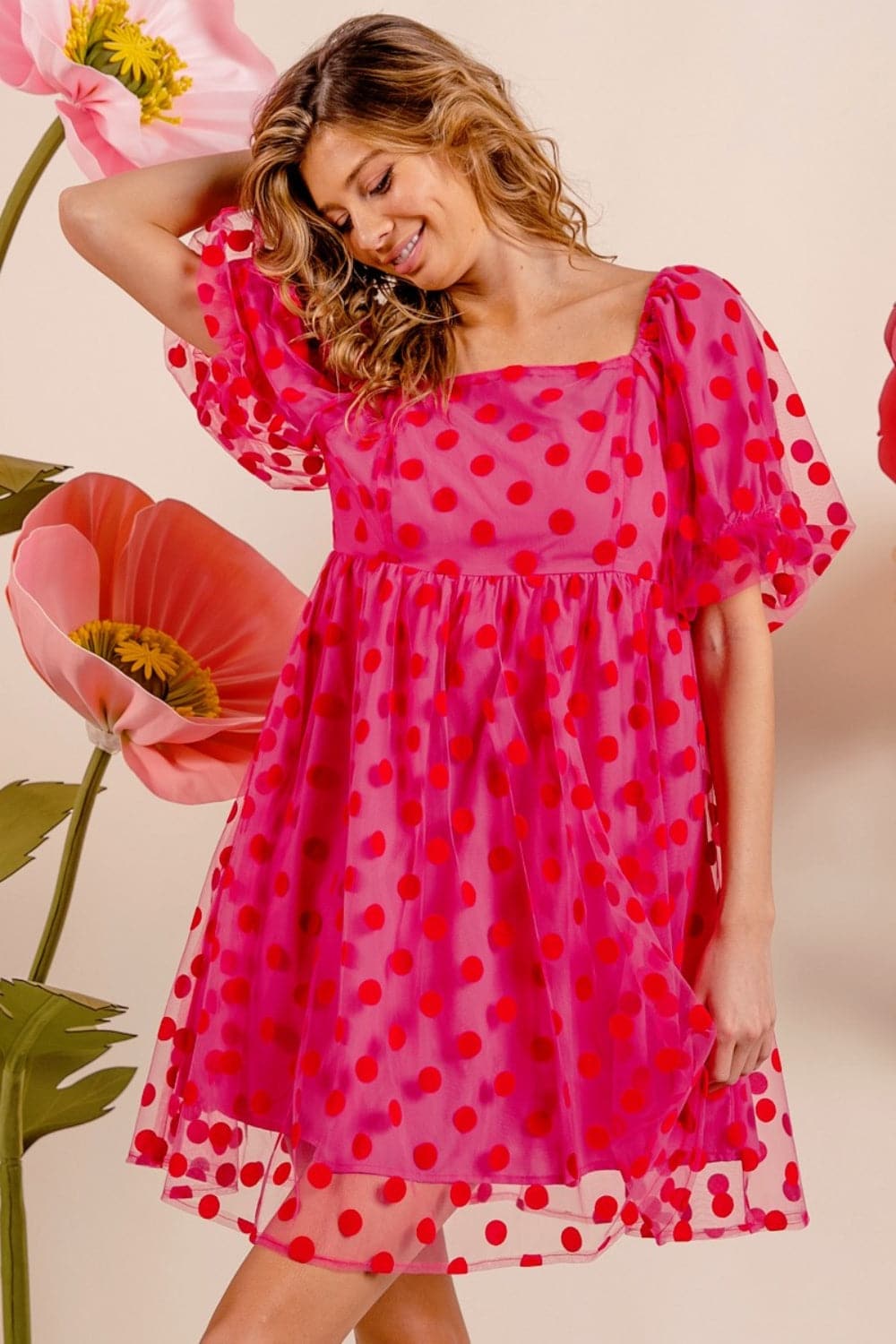 BiBi Polka Dot Mesh Puff Sleeve Dress.