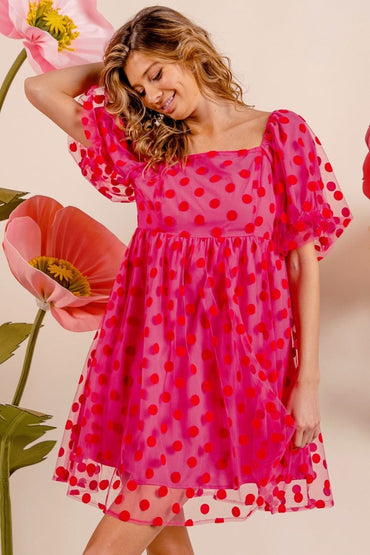 BiBi Polka Dot Mesh Puff Sleeve Dress.