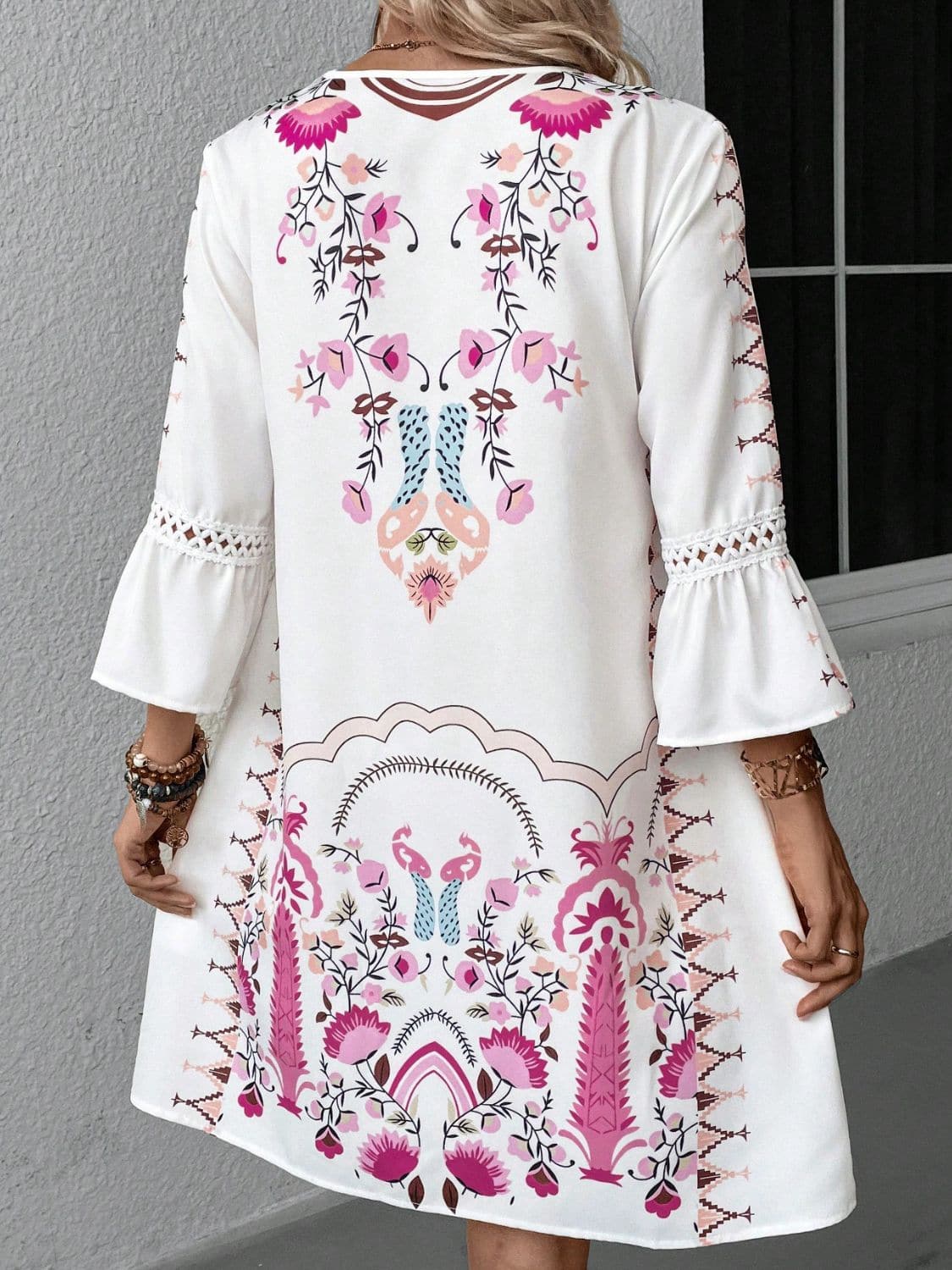 Lace Detail Printed Three-Quarter Sleeve Dress.