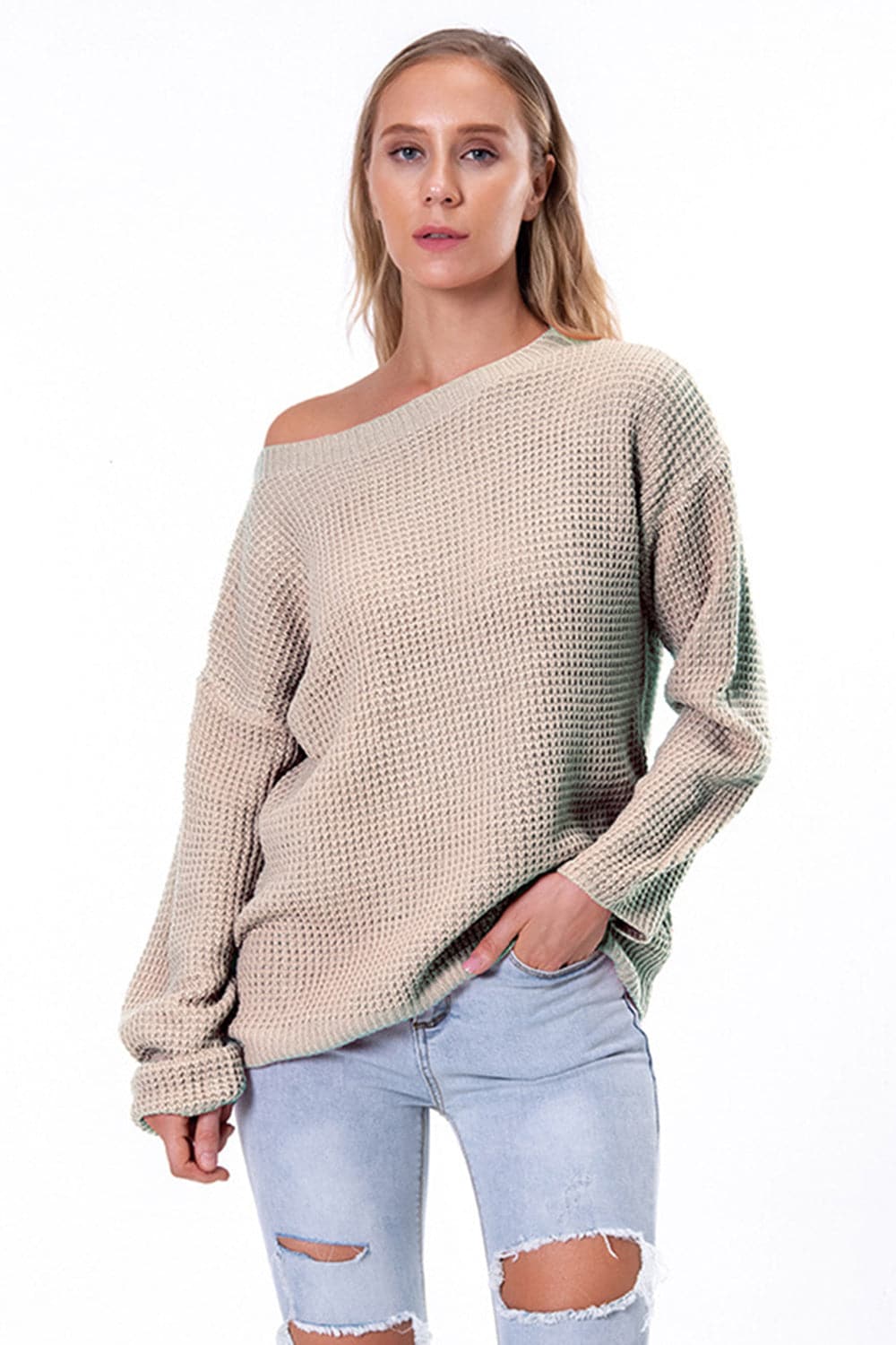 Boat Neck Drop Shoulder Long Sleeve Sweater.