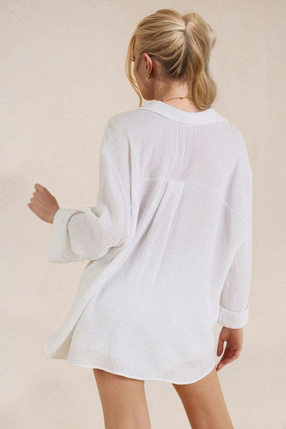 Chic Cotton Breathable Button-Up Long Sleeve Top and Shorts Ensemble