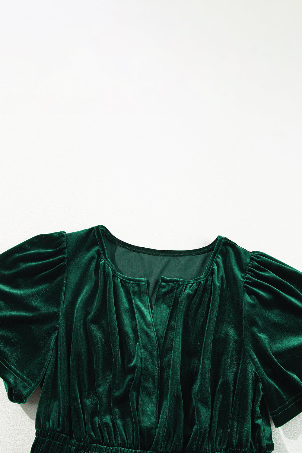 Evergreen velvet tiered maxi dress with shirred waist and short sleeves