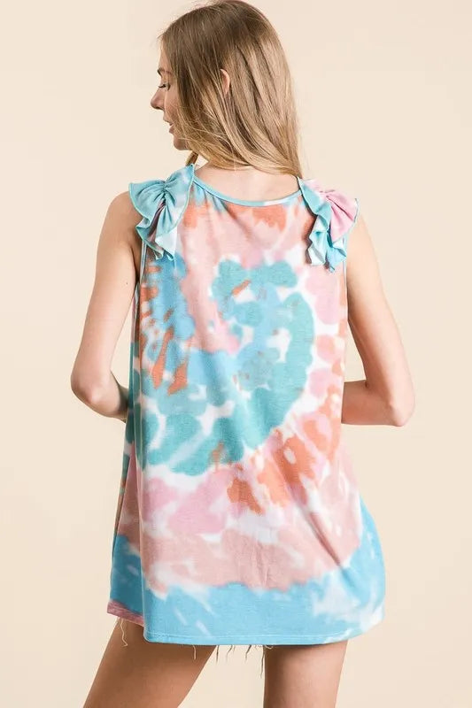 BiBi Circular Tie Dye Knit V Neck Top With Ruffle - Love Salve 