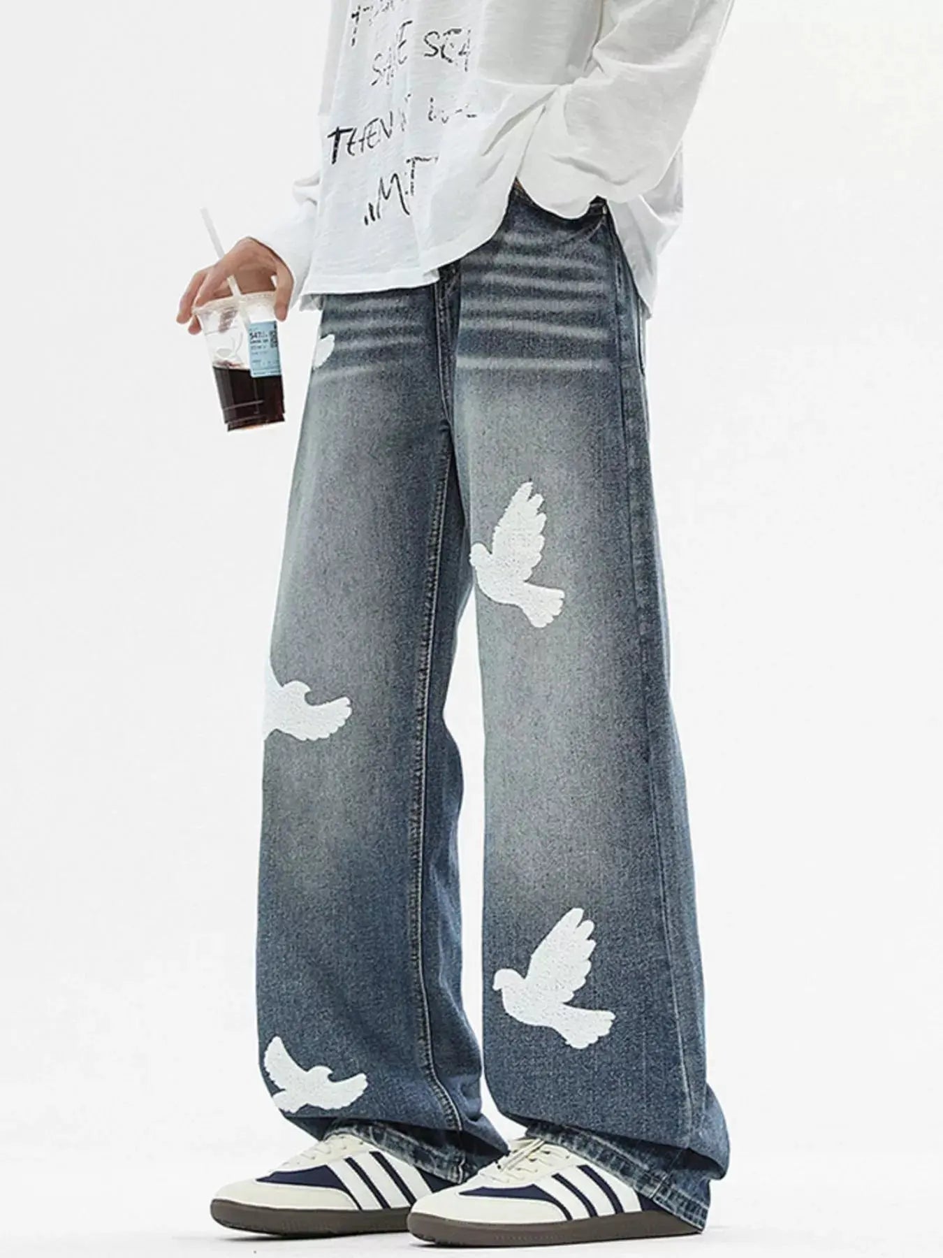 Men's Baggy Denim Jeans With Dove Applique Patches Plus Size Simply Love