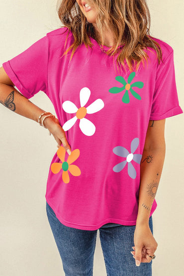 Flower Round Neck Short Sleeve T-Shirt.