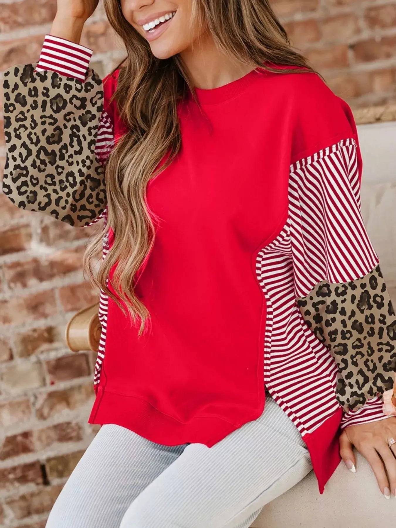 Striped Patchwork Sleeve Colorblock Sweatshirt Simply Love
