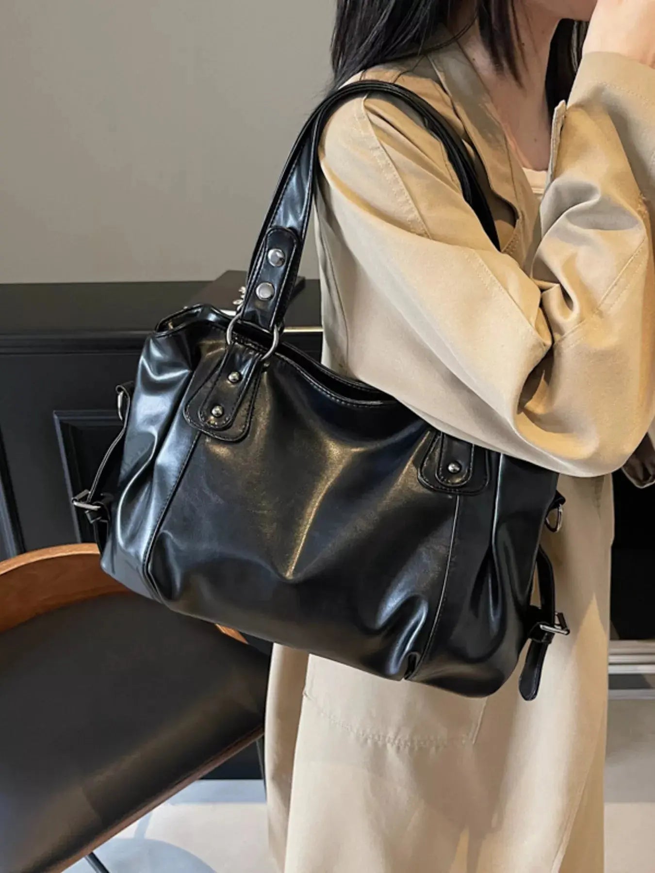 Vintage Style PU Leather Handbag Large Tote With Shoulder Straps Simply Love