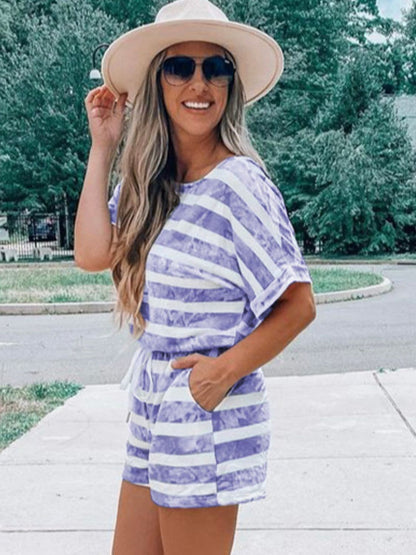 Striped Round Neck Top and Shorts Set.