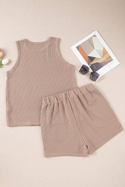 Smoke gray sleeveless top and pocketed shorts ensemble