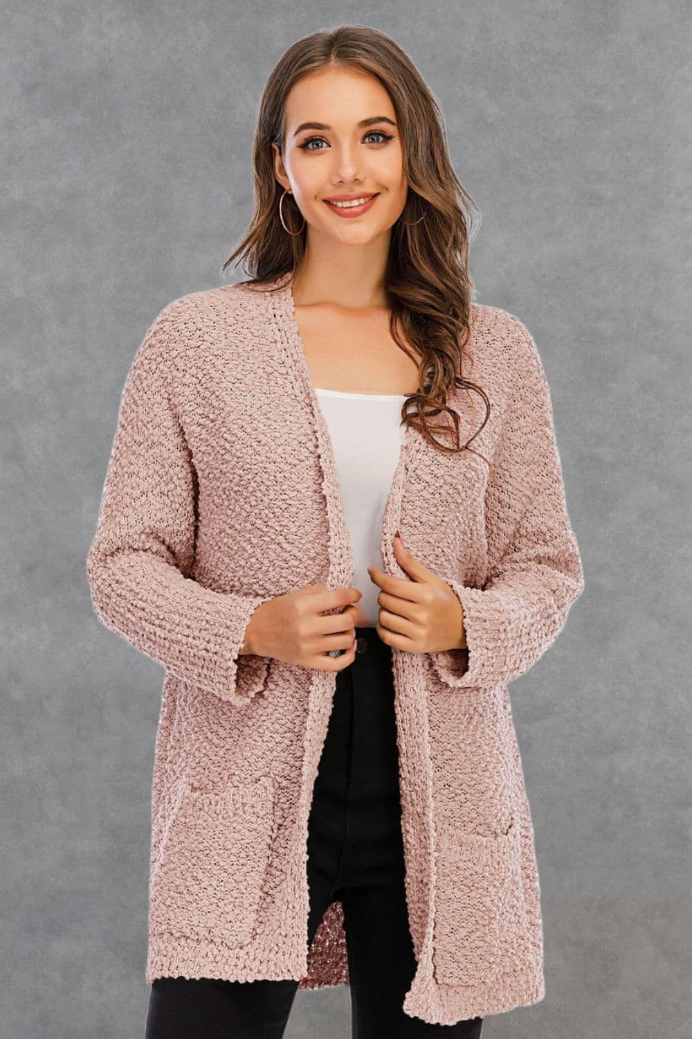 Pocketed Open Front Long Sleeve Cardigan.