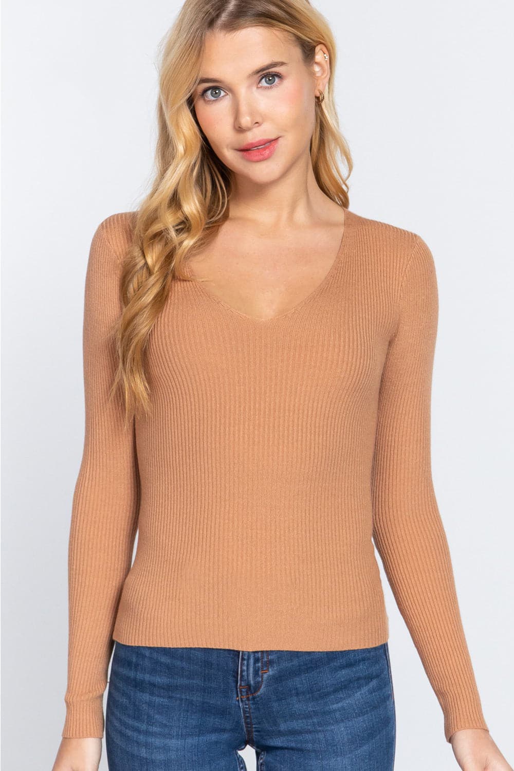 ACTIVE BASIC V-Neck Fitted Viscose Rib Knit Top.