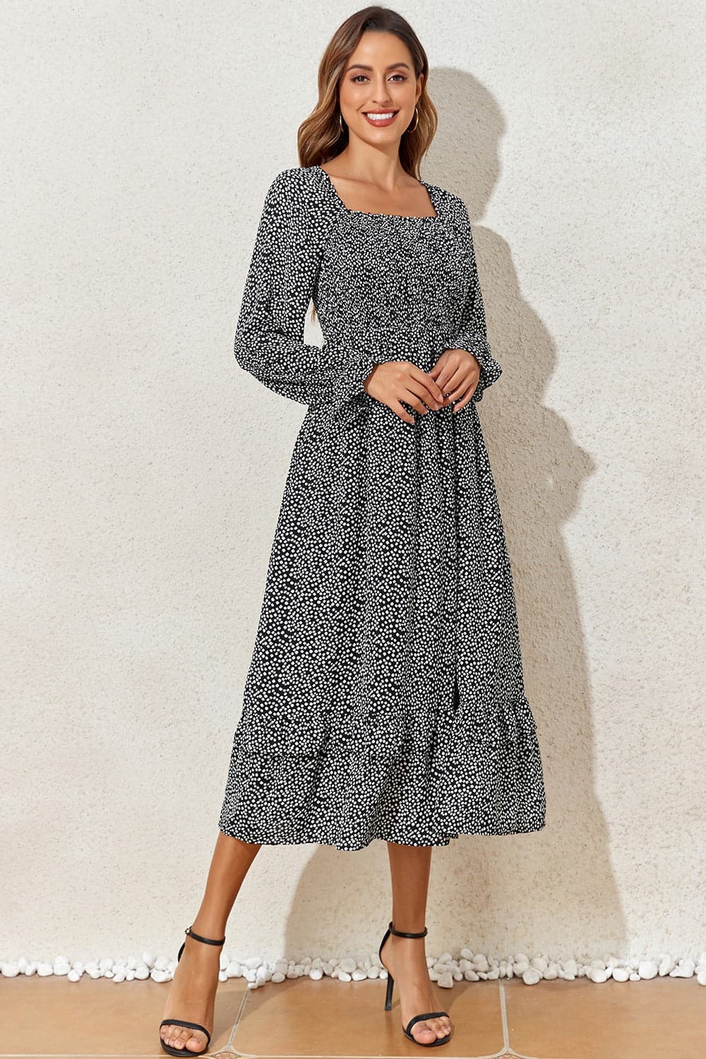 Printed Square Neck Long Sleeve Midi Dress.