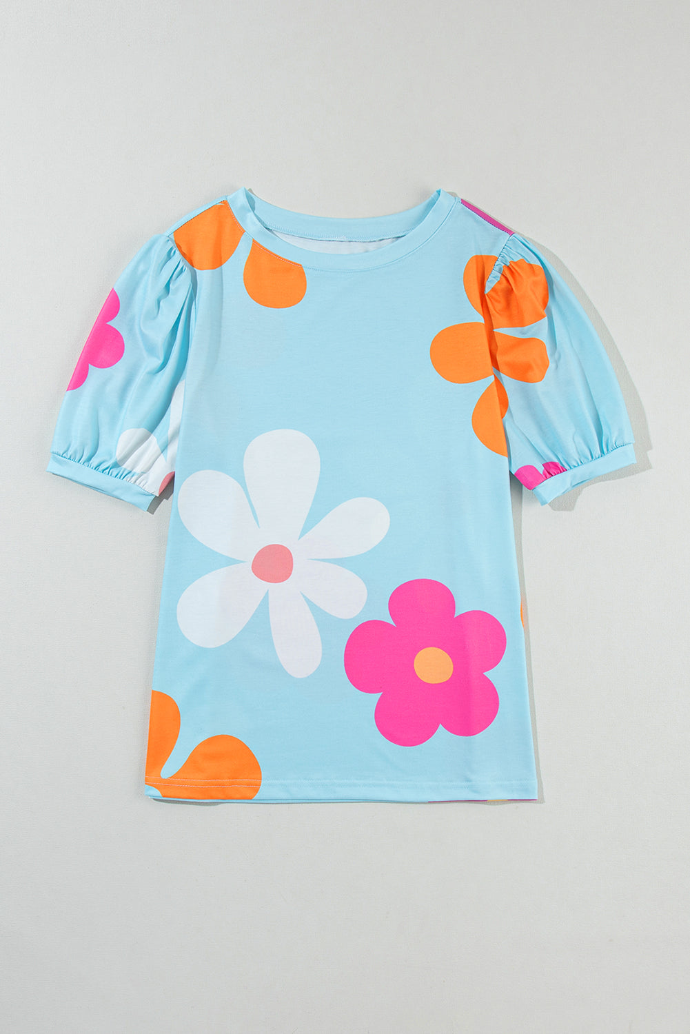 Sky Blue Flower Print Bubble Sleeve Tee