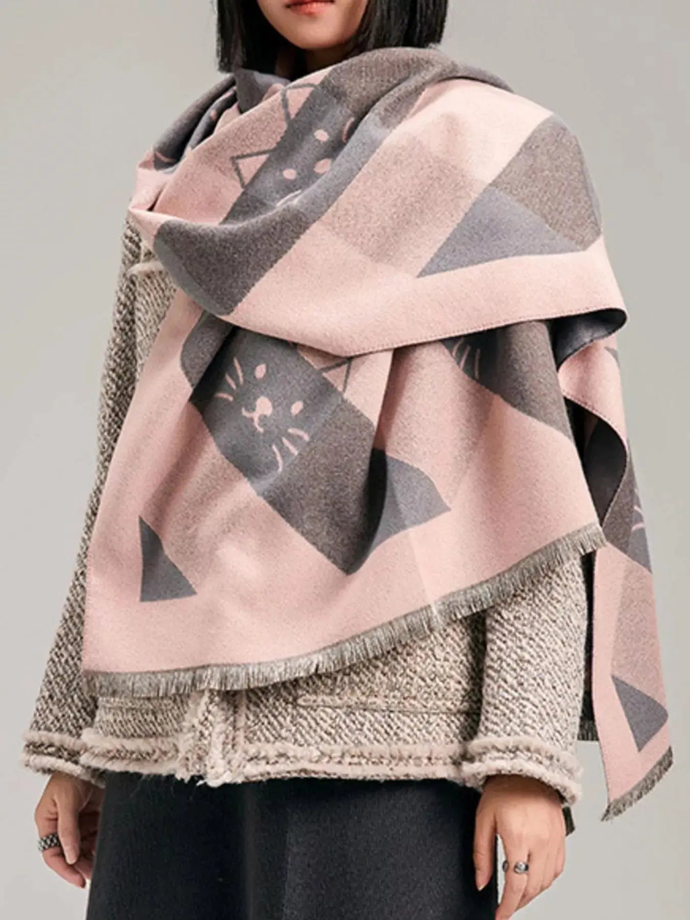 Cute Cat Pattern Plaid Raw Hem Scarf Simply Love