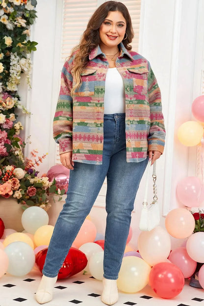 Stylish plus size collared jacket with pockets and vibrant print