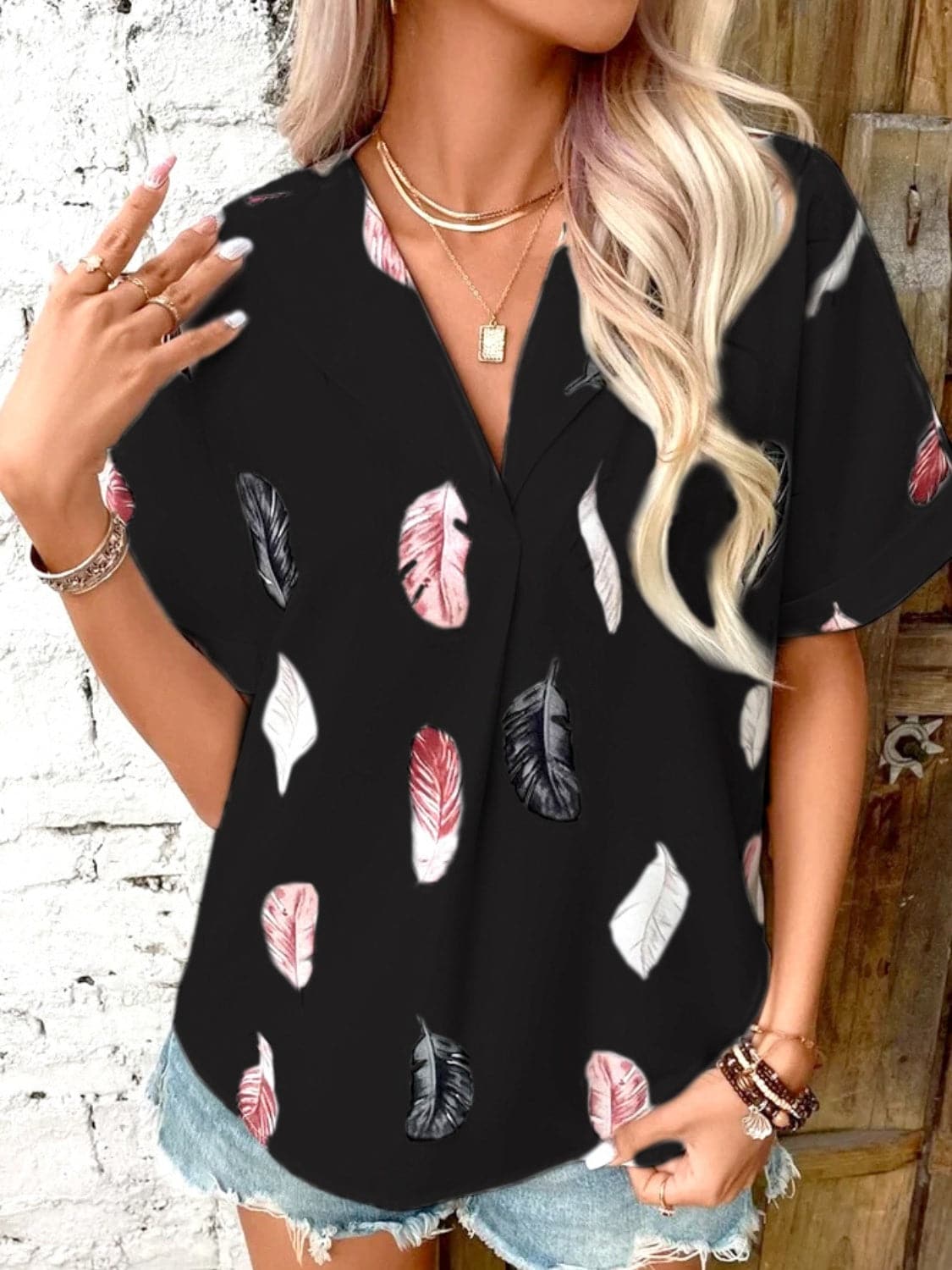 Full Size Printed Collared Neck Short Sleeve Blouse.