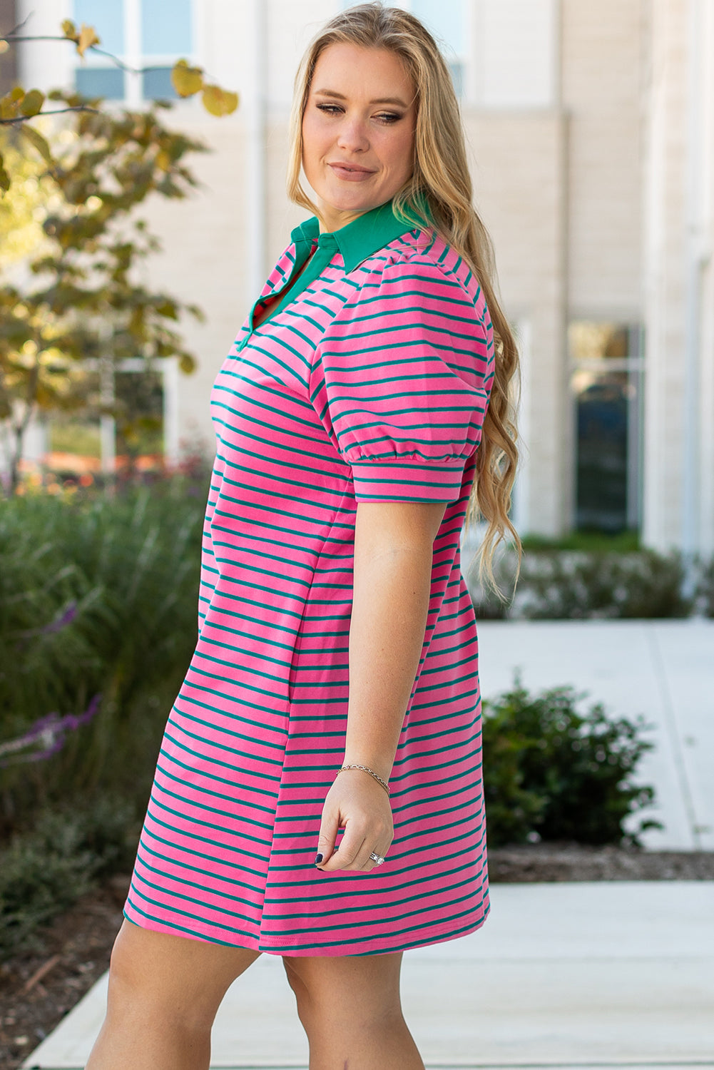Rose Stripe V Neck Puff Sleeve Shift Dress With Pockets Dear-Lover Dropshipping