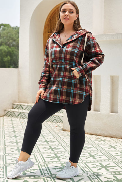 Chic fiery red plaid plus size hoodie with kangaroo pocket