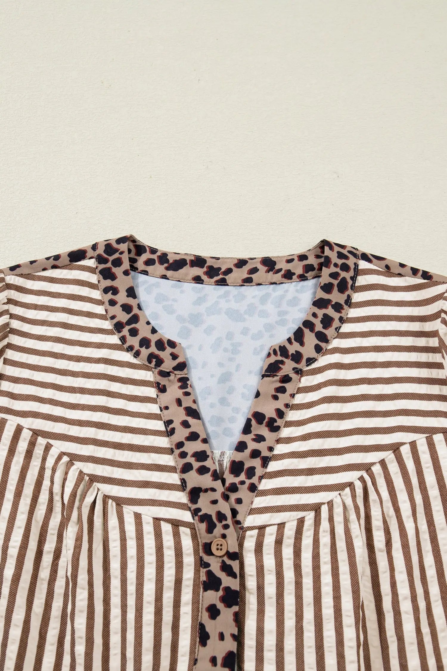 Brown Stripe Leopard Trim V Neck Button Down Half Sleeve Shirt Dear-Lover Dropshipping