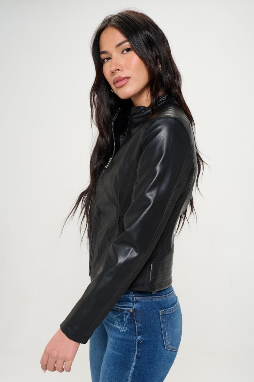 Chic vegan leather zip-up moto jacket