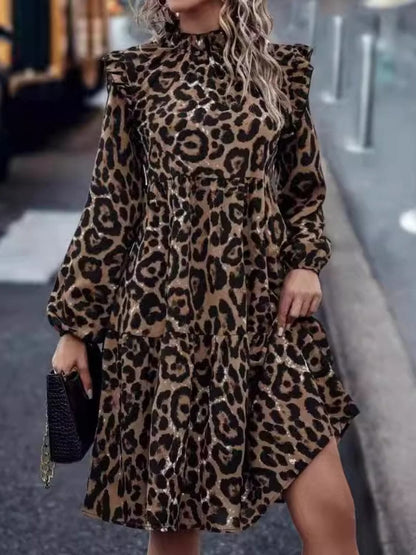 Ruffled leopard print mock neck mini dress with long sleeves