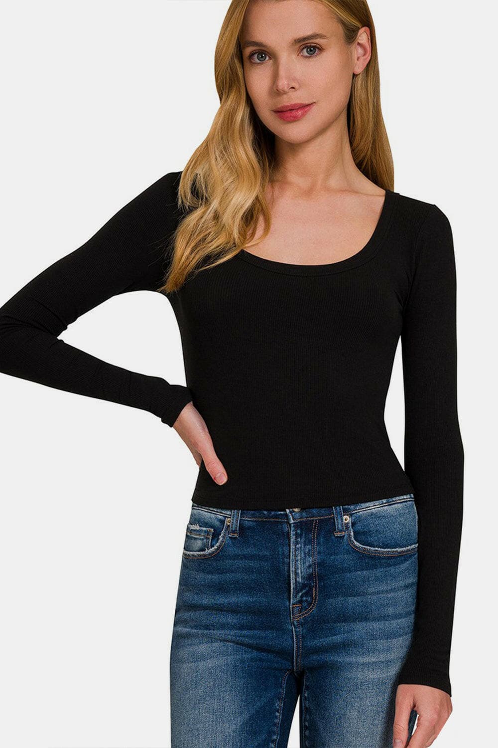 Zenana Scoop Neck Long Sleeve T-Shirt.