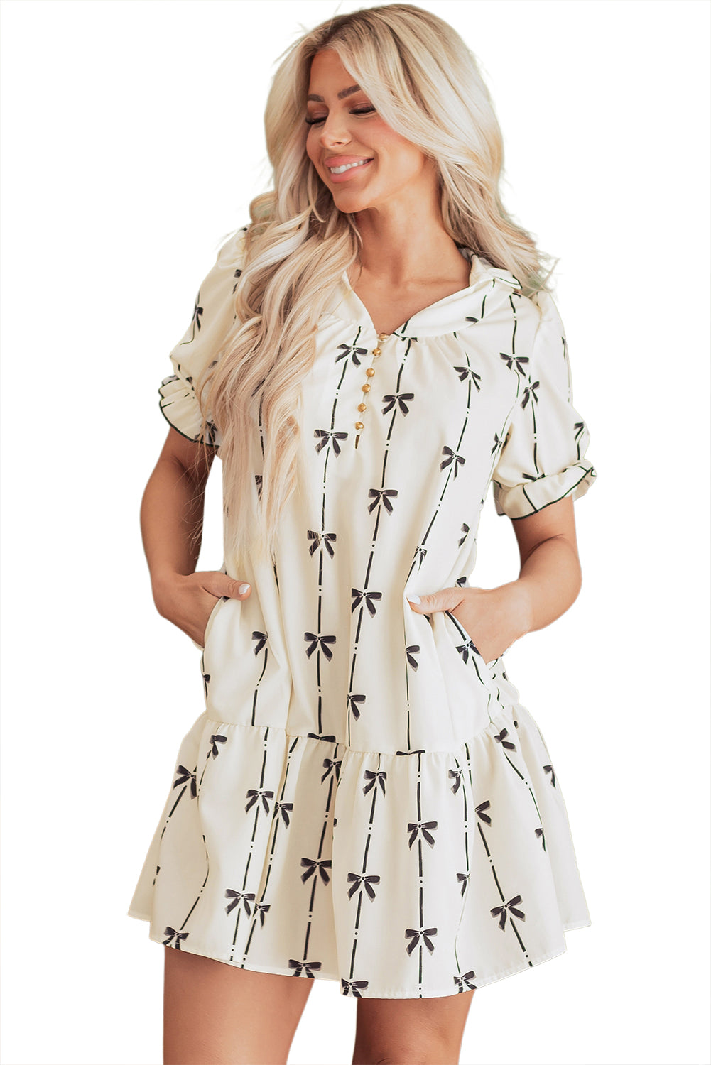 Beige Playful Bowknot Patterned Bubble Sleeve V Neck Mini Dress