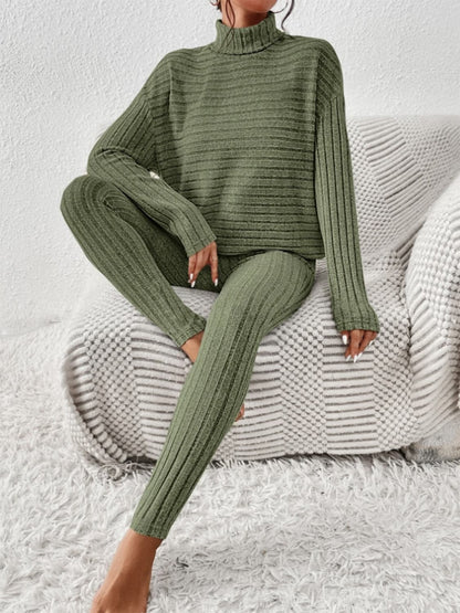 Ribbed Turtleneck Top and Pants Set.