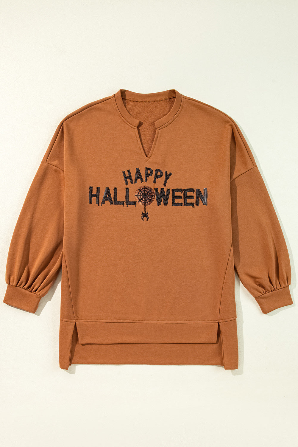 Chic chestnut Halloween top with sequin graphic and long sleeves