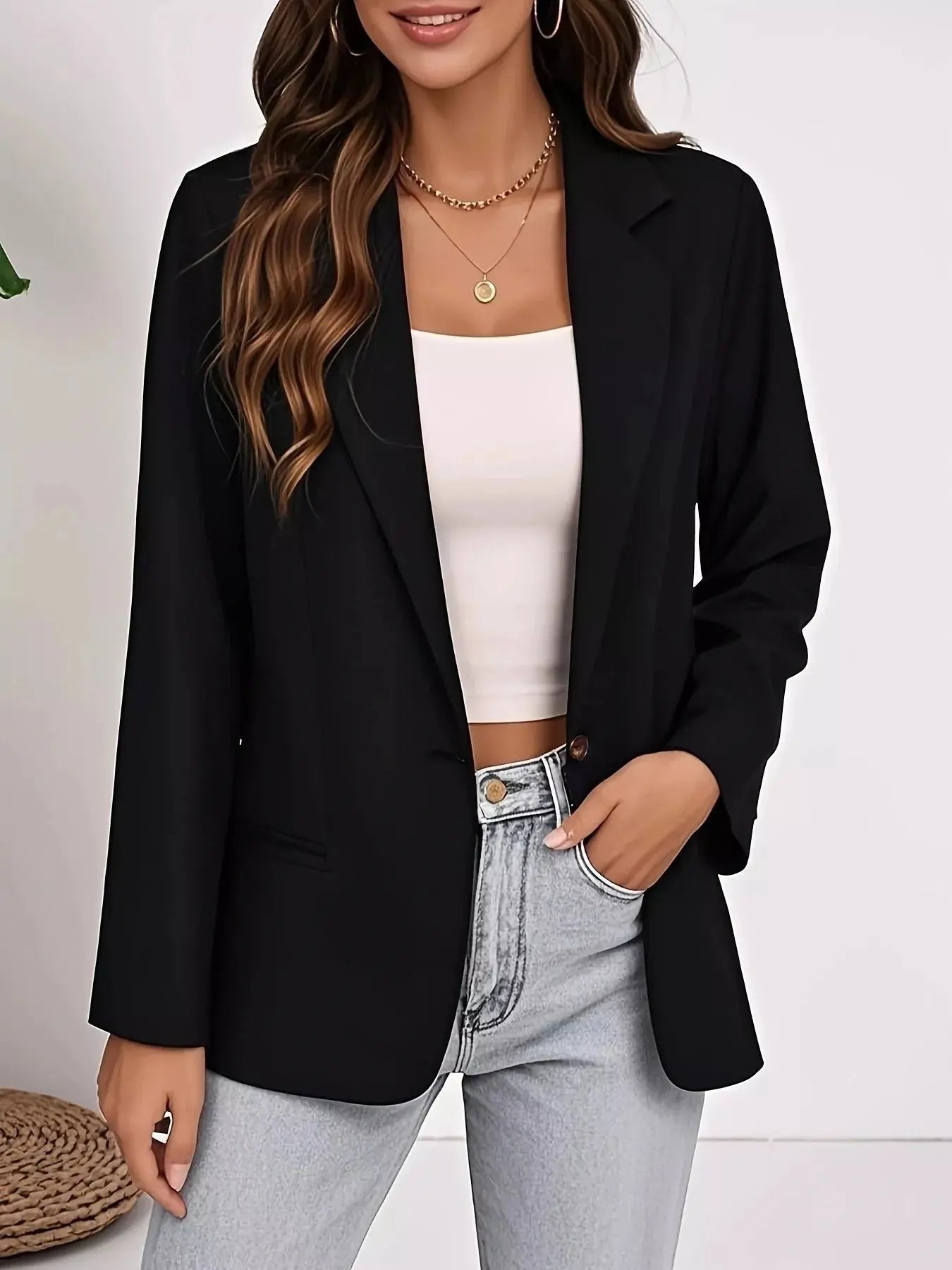 Plus Size Lapel Collar Single-Button Blazer Simply Love